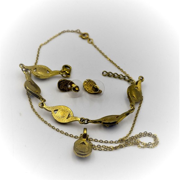 Blue Topaz Crystals Set in Gold Tone Necklace Earrings Bracelet Set Parure - Picture 3 of 6